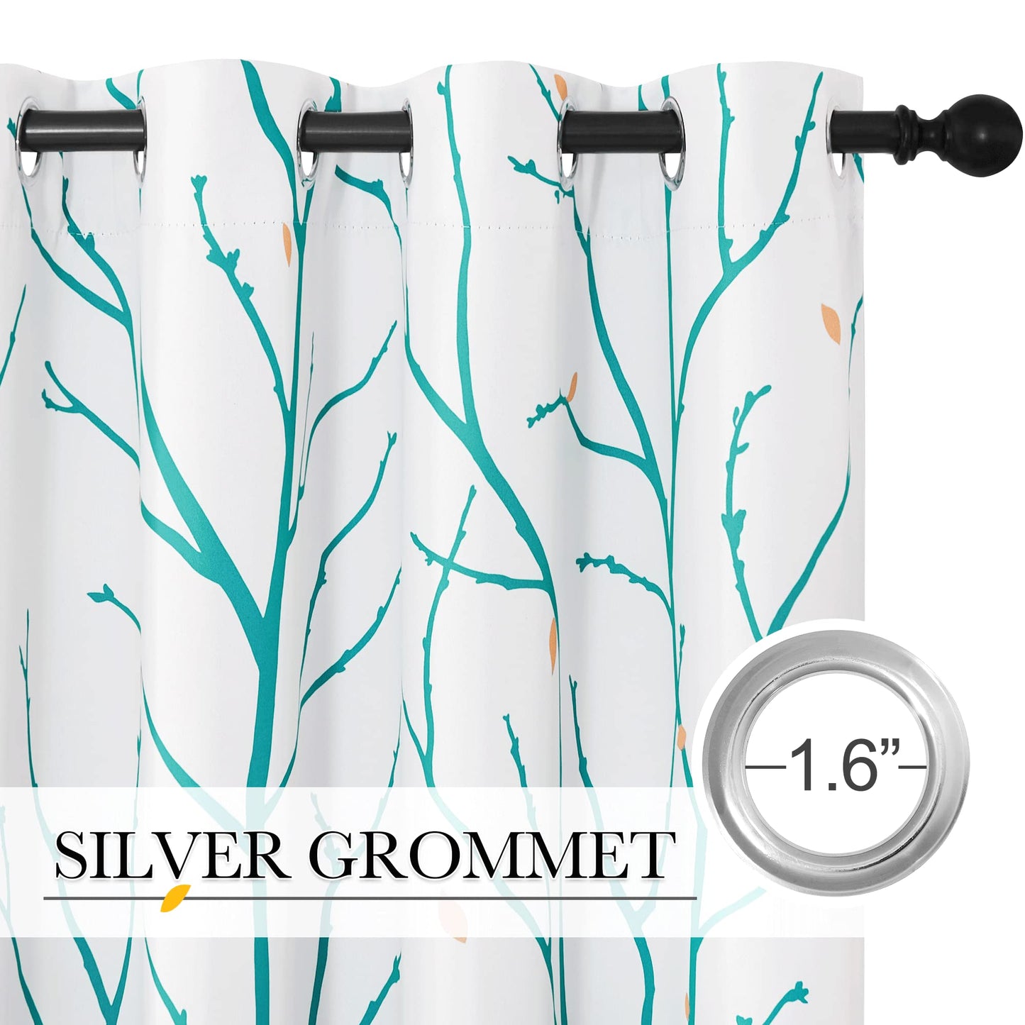 NICETOW Twisted Branch Room Darkening White Curtains, Thermal Insulated Grommet Decorative Curtain Drapes with Flower Petals Light Blocking for Living Room/Bedroom, Teal, W52 x L84, 2 Panels