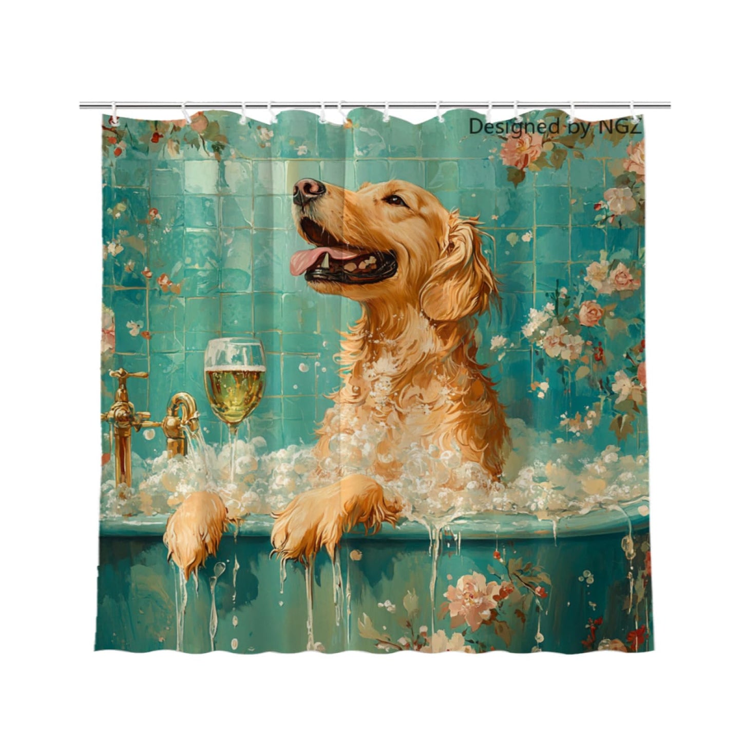 NGZ Funny Golden Retriever Teal Shower Curtain, SPA with Wine, Green Shower Curtain, 72x72 Inches Shower Curtains for Bathroom, Bath Curtains Set with 12 Hooks