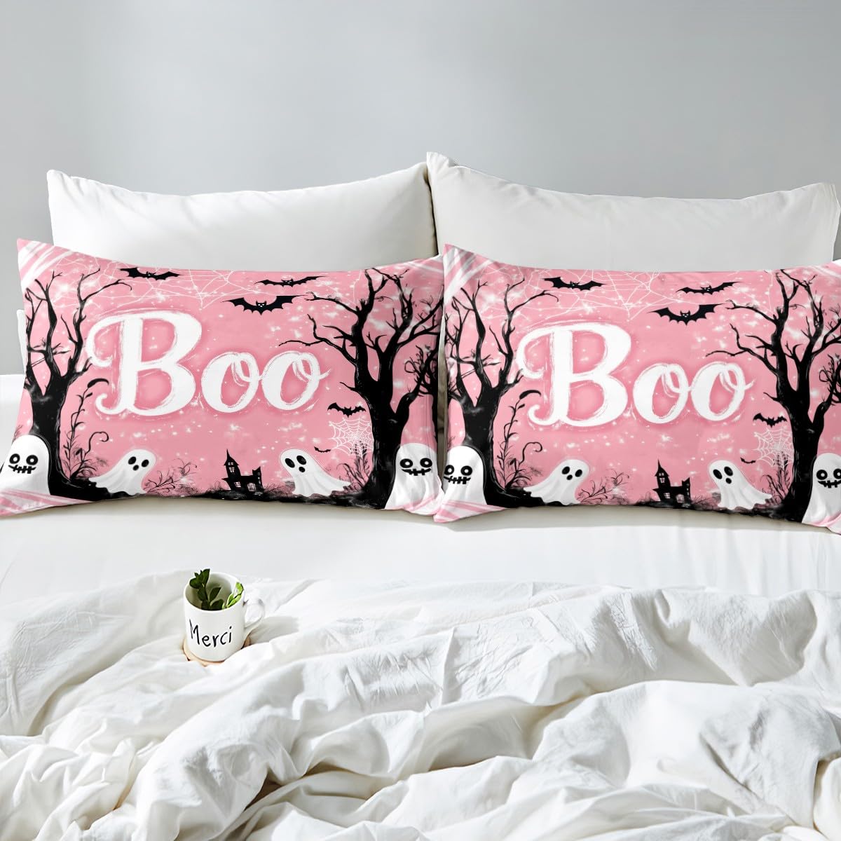 Feelyou Kids Halloween Fitted Sheet Full Size, Pink Ghost Bed Sheet Set Boys Girls Horror Decor Bedding Set Boo Teens Bedroom Decor 3Pcs (No TOP Sheet)