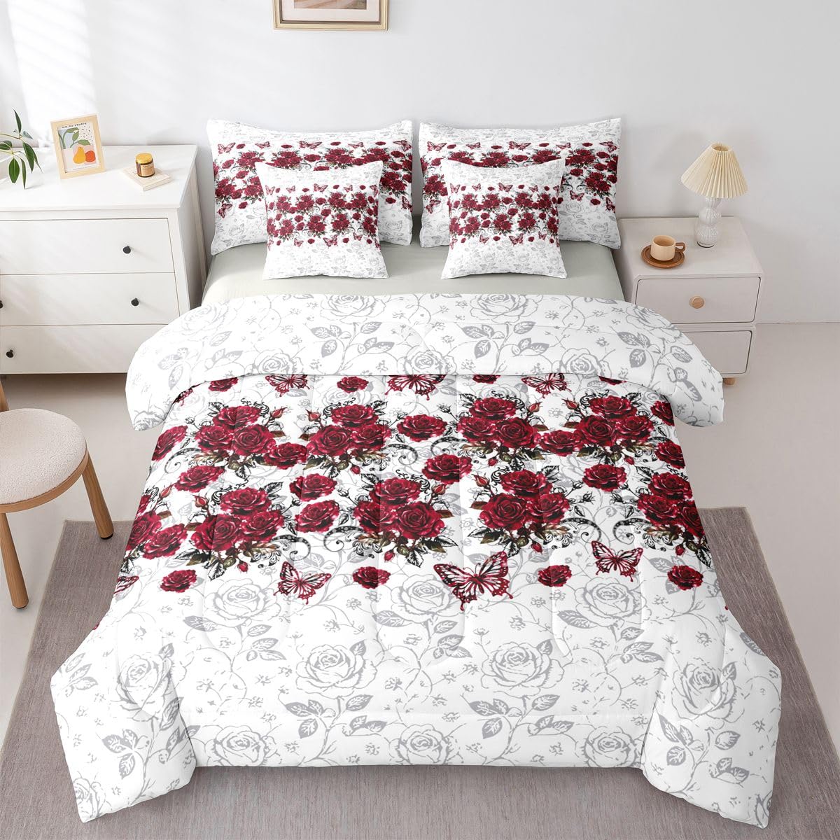 Feelyou Red Rose 7 Piece Bedding Set Floral Flower Comforter Set with Sheets for Kids Boys Girls Jacquard Damask Bed in a Bag Butterfly Print Bed Set Soft Lightweight