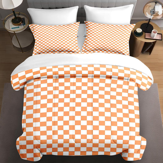 Checkered Plaid Dusty Orange Comforter Set 7 Pcs Full Size Quilt, Minimalist Trendy Bauhaus Checkerboard Grid Soft Bedding Set with Flat Fitted Sheet Pillowcases Sham for Adults Bedroom Bed Decor
