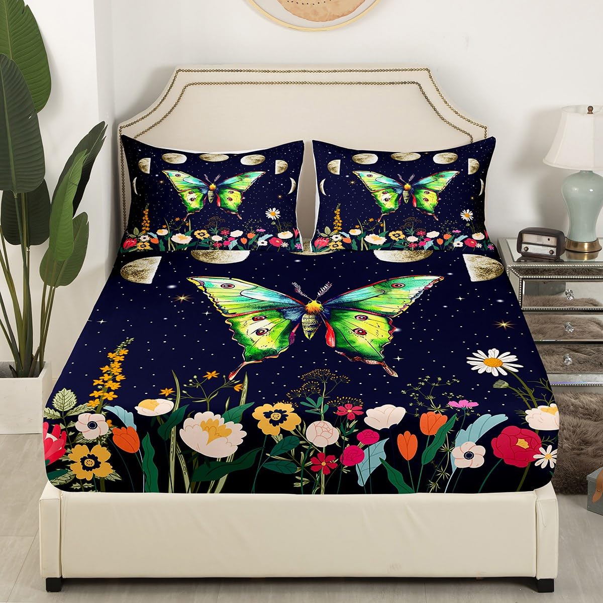 Erosebridal Boho Moth Twin Bedding Set, Moon and Stars Galaxy Fitted Sheet for Kids Girls Boys, Bohemian Wildflower Bed Sheets, Rustic Country Floral Bed Set Room Decor, 1 Pillowcase (No Flat Sheet)