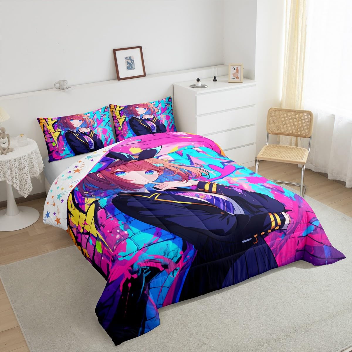 Erosebridal Girls Japanese Anime Comforter Set Full, Kawaii Anime Girl Bedding Set Cartoon Girl Duvet Insert for Kids Teens Adult, Japanese Animation Sci Fi Style Quilt with 2 Pillow Cases