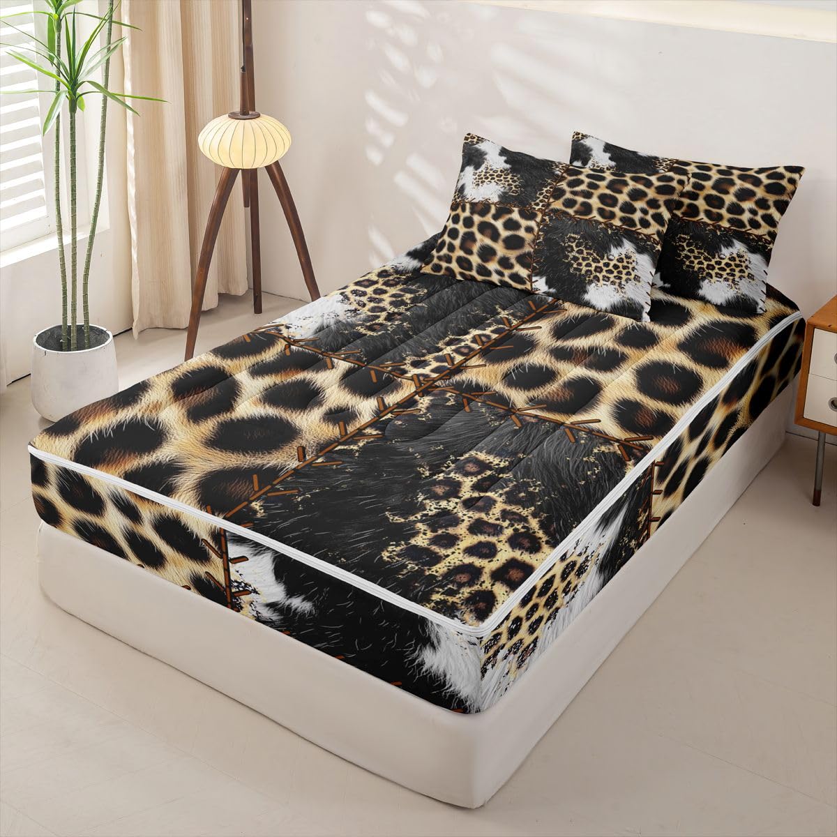 Feelyou Cow Fur Zipper Bedding Sets Kids Leopard Print Queen Comforter Set with Fitted Sheet Boys Girls Decor Western Farm Animal Skin Comforter Plaid Grid Black Yellow Bed in A Bag
