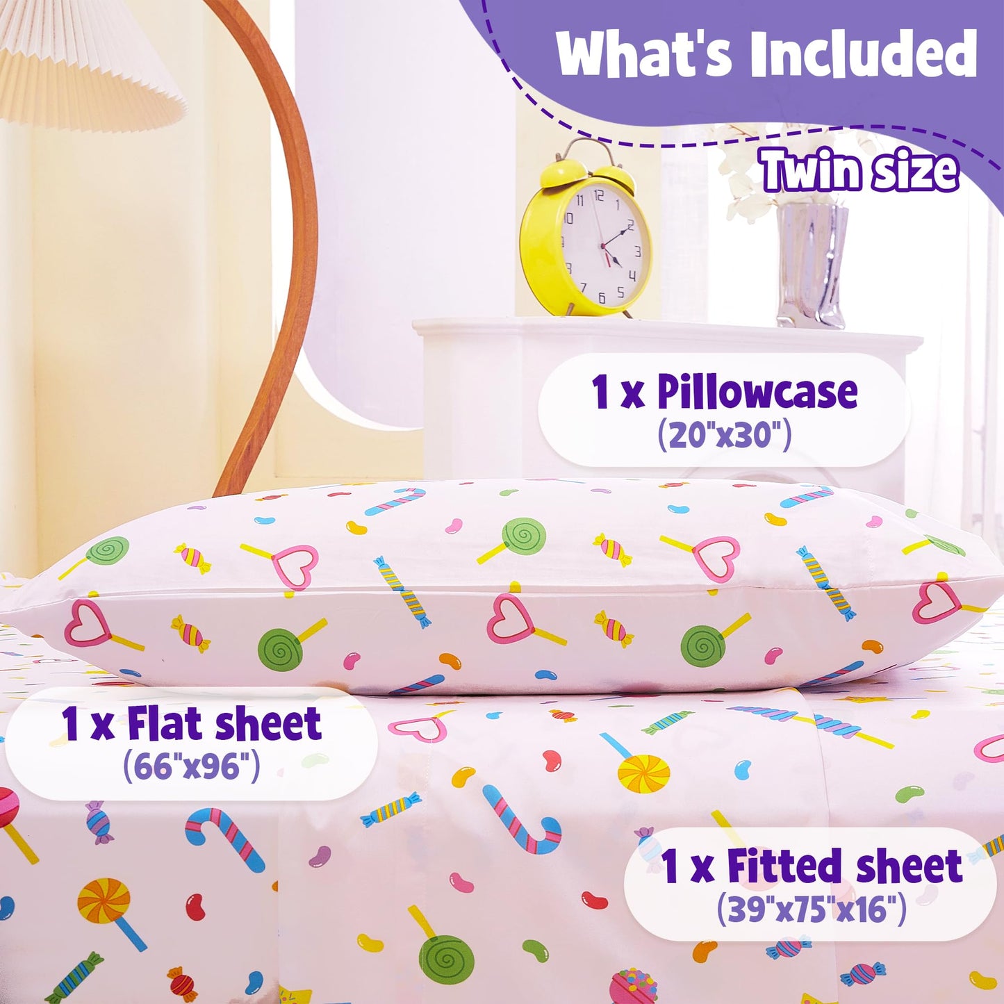 CozySmile Twin Sheet Set Kids,3 Pieces Breathable Soft Microfiber Bedsheets for Child Girls, Oeko-TEX, Anti Pilling Deep Pockets Easy Care Bed Sheets, Candy