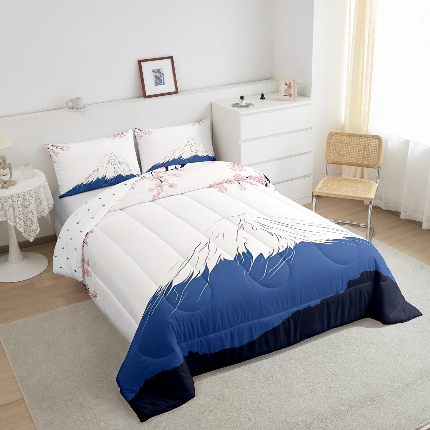 Feelyou Japanese Fuji Mountain Bedding Set for Kids Boys Girls Queen Size Cherry Blossoms Comforter Set Ultra Soft Exotic Comforter Japanese-Style Duvet Quilt Bedroom Decor Stylish Simple Quilt