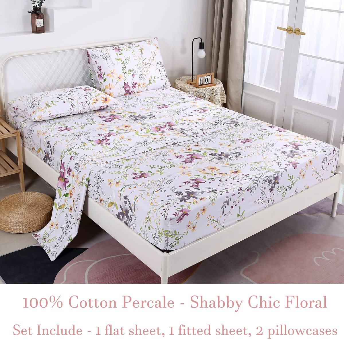 URBONUR Garden Floral Sheets Set 4-Pieces Egyptian Cotton Luxurious Bedding Sheet Set Soft Silky Crisp Percale Sheets Shabby Chic Flowers Bed Linen Set (4Pcs, Queen Size)