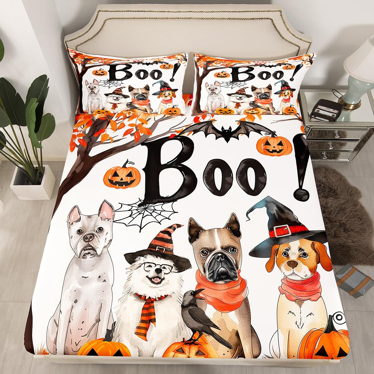 Feelyou Halloween Bed Sheets Sets Full Size Kids Boys Girls Pumpkin Bedding Set Maple Fall Leaves Bed Sheet Set with 16-Inch Deep Pockets Spider Web 4Pcs with 2 Pillow Cases