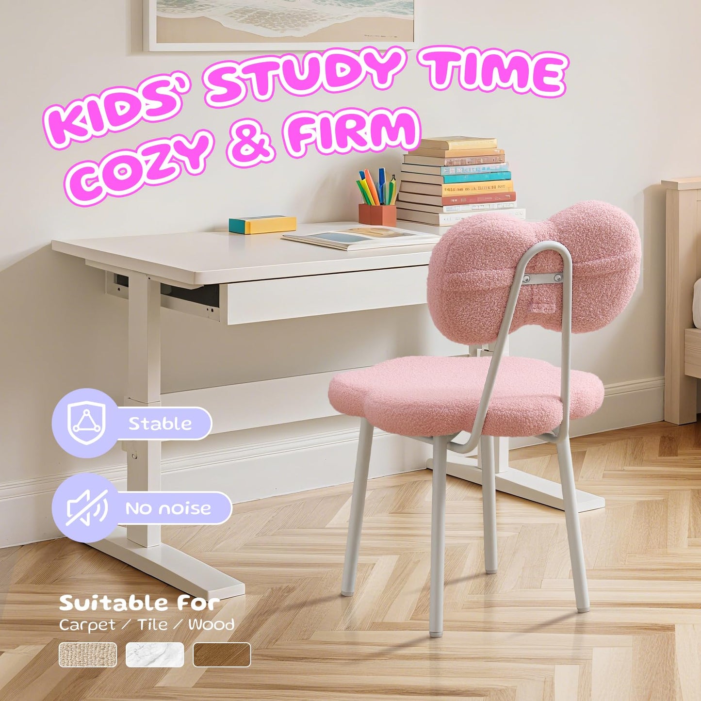 Ultrahome Vanity Girl Chair,Teen Kids Desk Chair with Bow Shape Backrest,Teddy Flence Reading Chair for Bedroom,Study Room,Make Up (Pink)