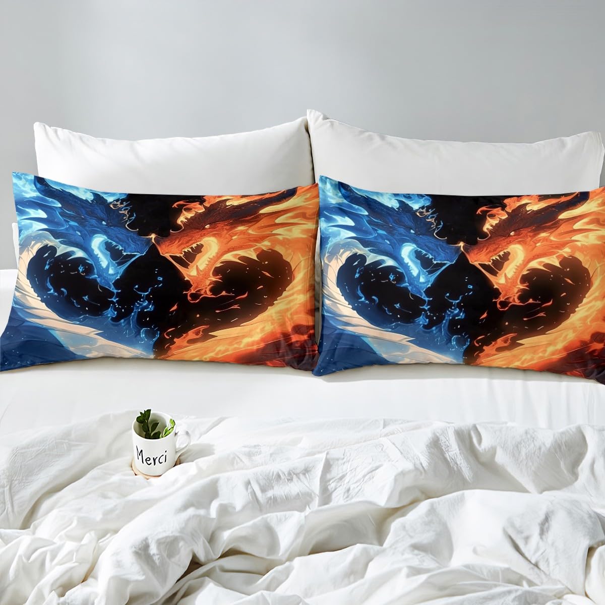 Erosebridal Dragon Bed Sheets Set Full Size for Boys, Wildlife Animals Flat Fitted Sheet Western Magical Wildlife Bedding Set for Kids Bedroom Decor, Blue Gold Bedding Sets with 2 Pillow Cases