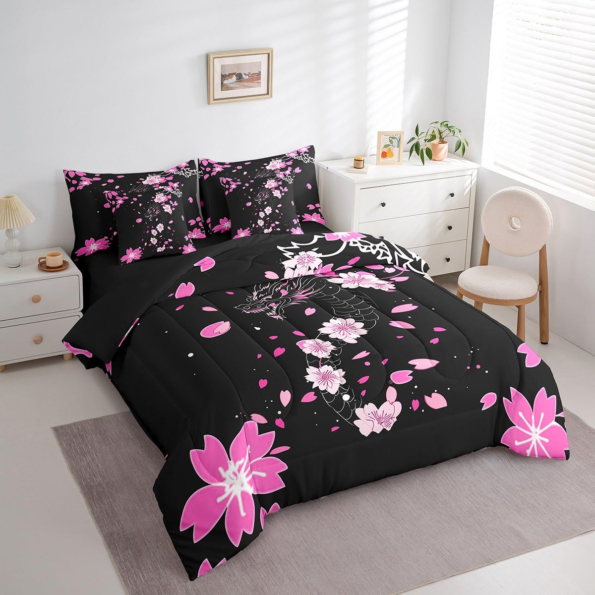 Erosebridal Pink Cherry Blossom Twin Comforter Set 7 Piece Magical Dragon Bedding Set Fantasy Animal Bed in A Bag Black Simple Sheet Set with Comforter for Kids Boys Girls