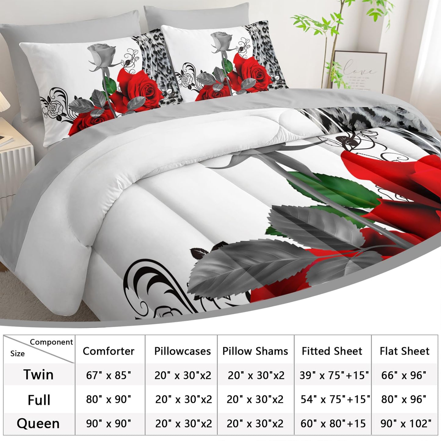 AILONEN Leopard Print Rose Comforter Set for Girls Women Couple Lover,7-Piece Red Rose and Animal Theme Bed in a Bag Full Size,Comforter & Fitted Sheet & Flat Sheet & 2 Pillowcases,Soft Microfiber