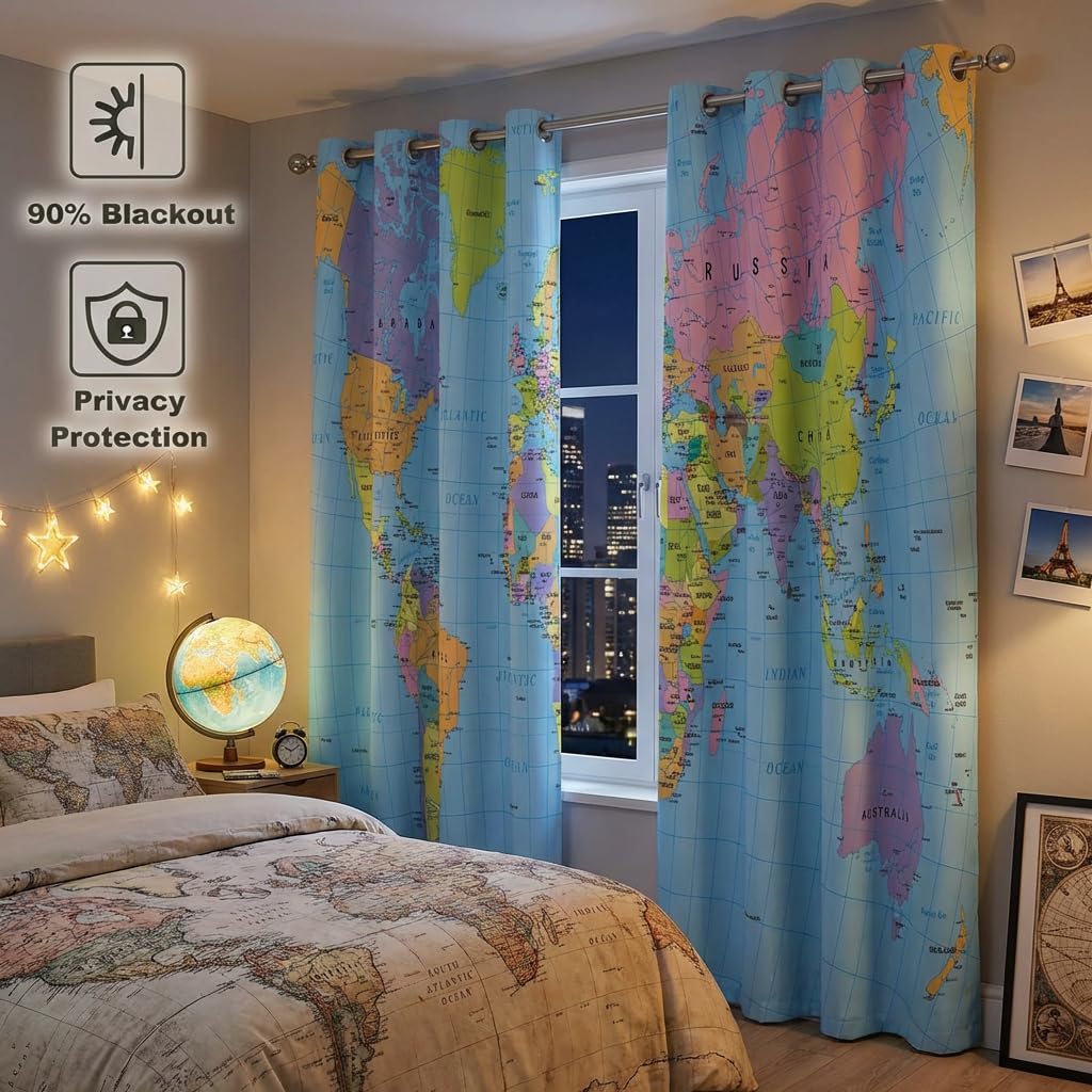 terxgrl World Map Blackout Curtains for Bedroom Living Room, Colorful Educational Geography Political Map Window Drapes for Youth Playroom Study Room, 42 x 45 Inch