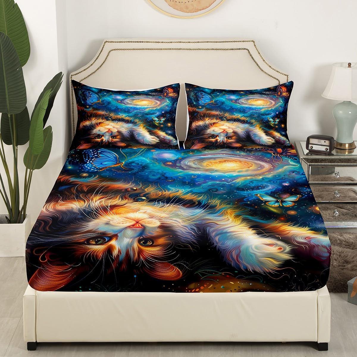 Cute Cat Kids Fitted Sheet Full Size,Glitter Starry Sky Galaxy Bedding Set,Boys Girls Room Decor,Cartoon Animal Pet Rustic Farmhouse Bed Cover,Blue Black Bed Sheet,2 Pillowcases