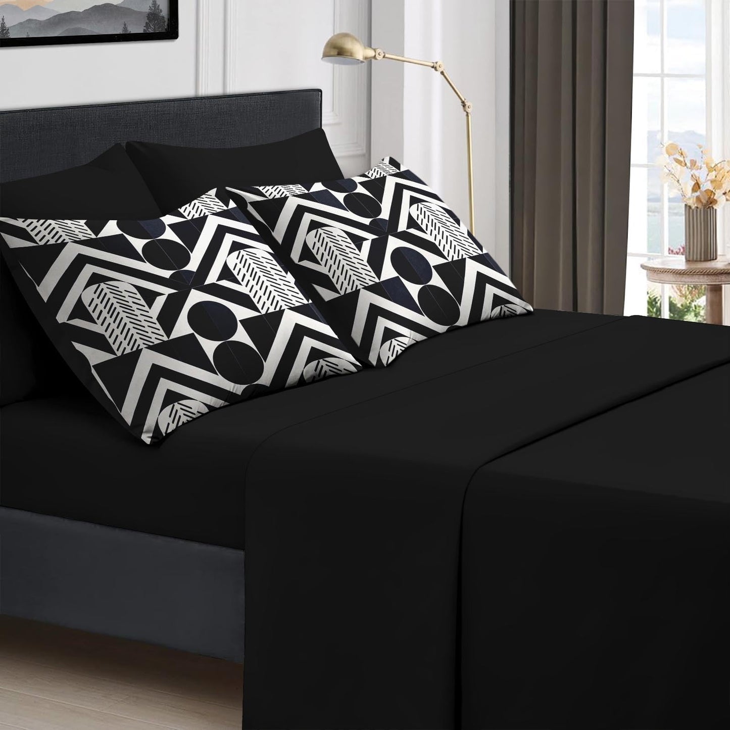 Boewywh Comforter Set Twin Size Geometric Modern Abstract 7 Pcs, Bedding for Kids and Adults, Black White Bed Sheet Sets with Fitted Sheet 2 Pillowcases & 2 Shams for Bedroom Bed Decor