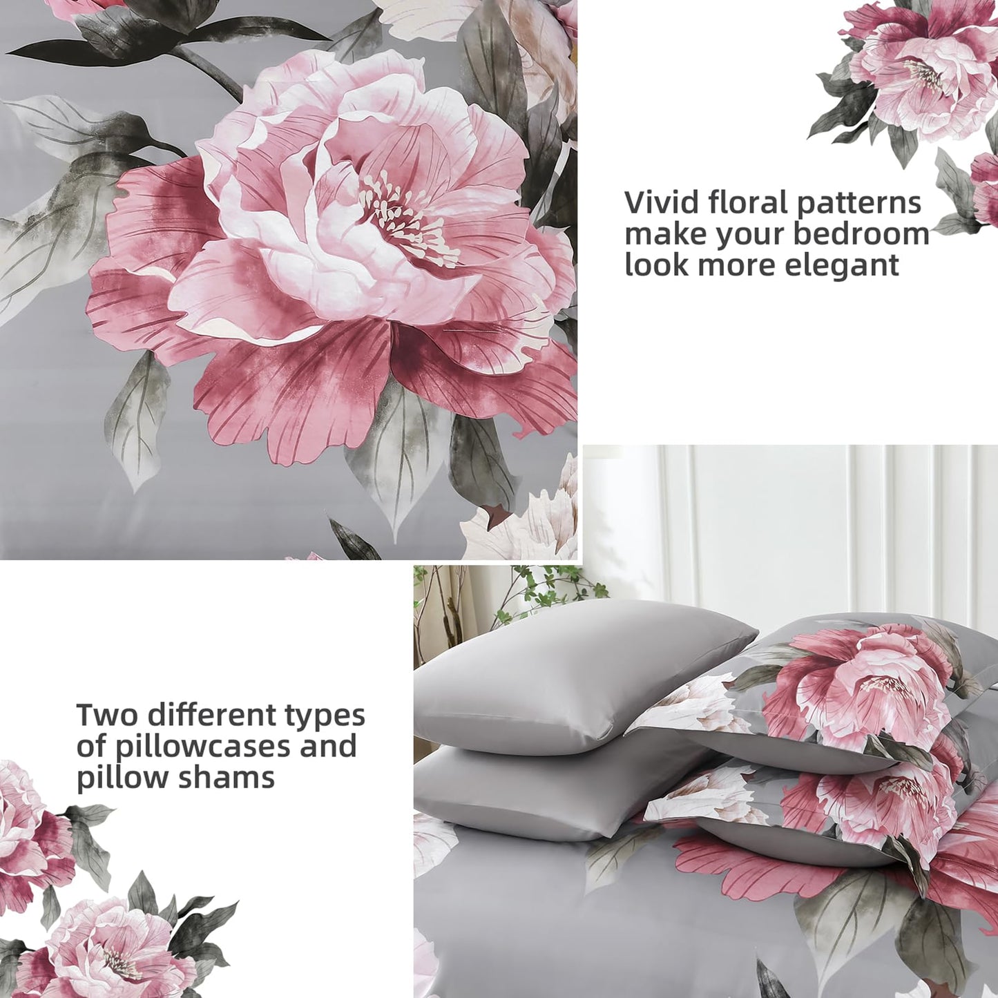 Dobuyly Pink and Grey Comforter Set Queen Size 7 Piece Bed in a Bag, Floral Printed on Gray Comforter Set with Sheets, Soft Microfiber Botanical Complete Bedding Set for All Season