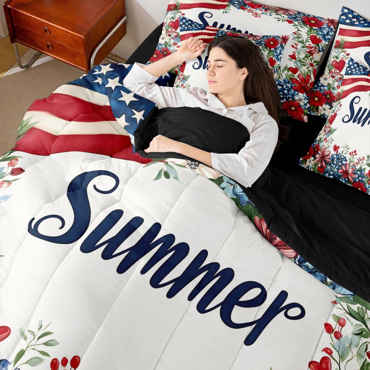 Erosebridal American Flag Queen Bedding Set Patriotic Floral Comforter Set with Flat and Fitted Sheet Kids Adults Summer Flower & Heart 7-Piece Bed in a Bag Fourth of July Art Quilt Sets