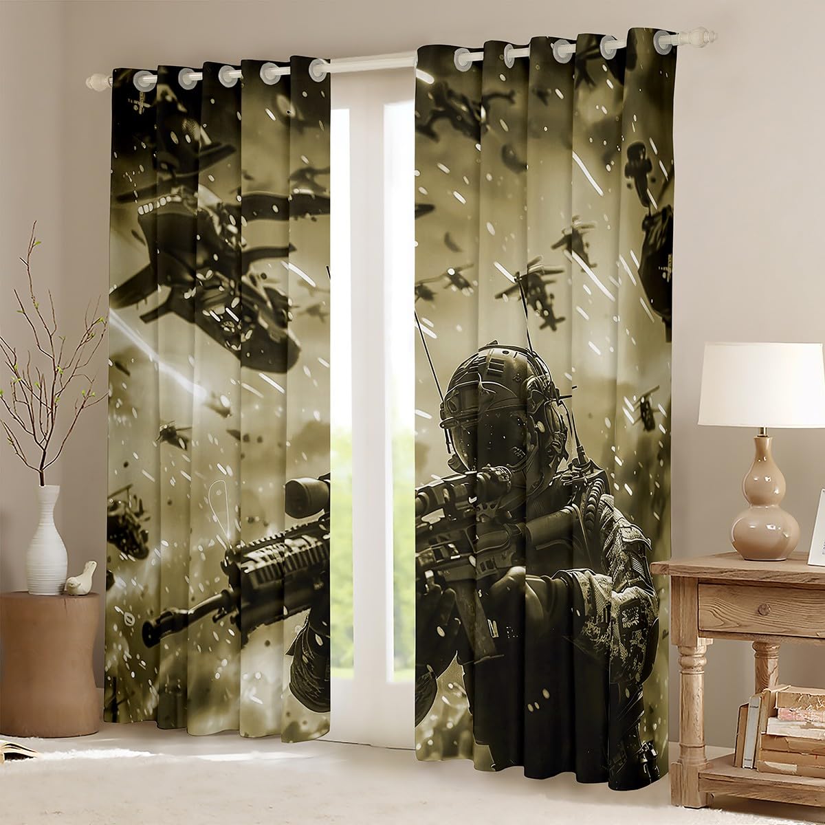 Feelyou American Soldier Curtain Boys Teens Under Mission Window Drapes Helicopter Window Curtains for Bedroom Living Room Decor Girls Kids Camouflage Military Window Treatments， 42x90 Inches，2 Panels