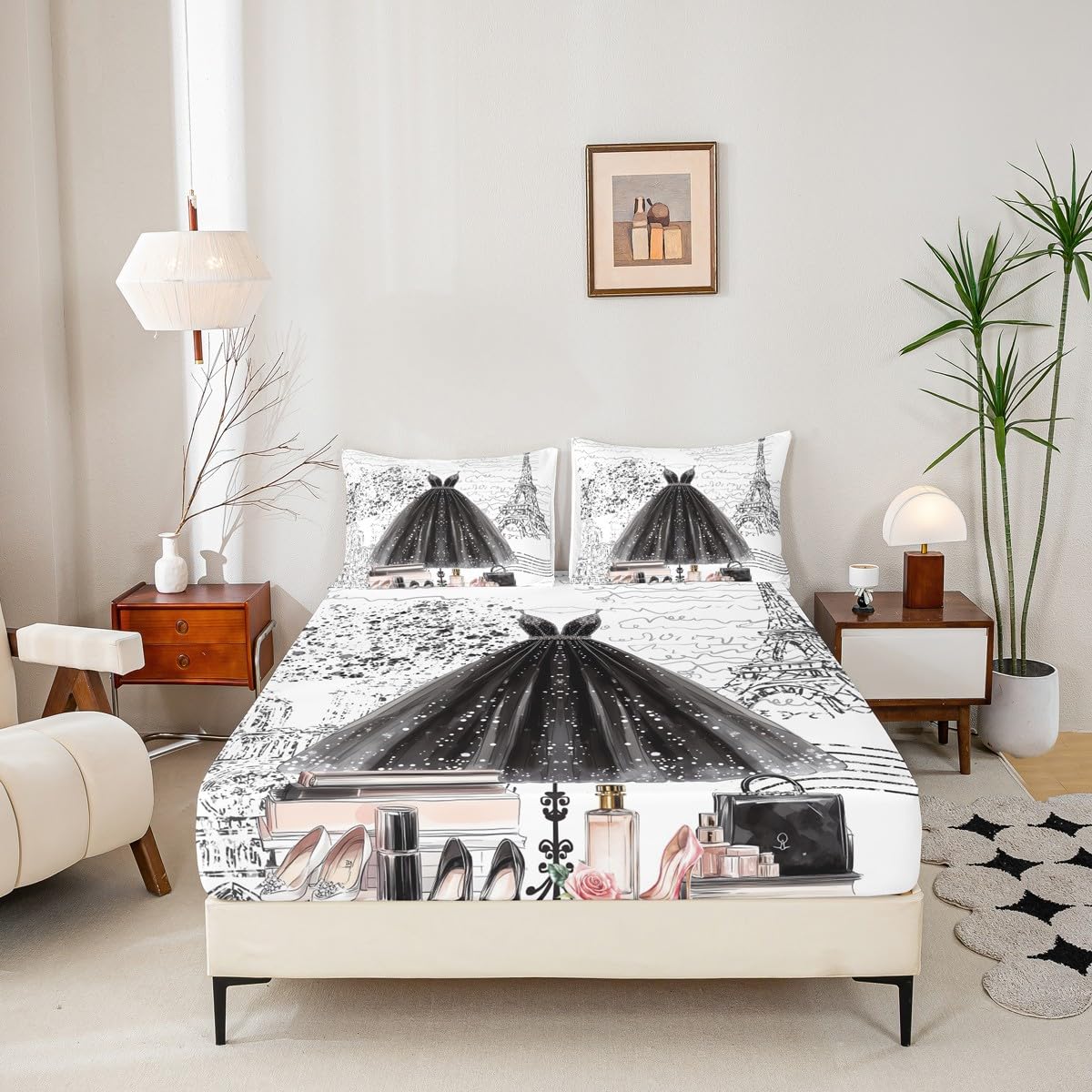 Erosebridal Fashion Girly Dress Sheet Set King Size Black White Eiffel Tower Paris Bed Sheets Perfume Modern Girls Women Sheets Romantic High Heels Makeup Bedding Set