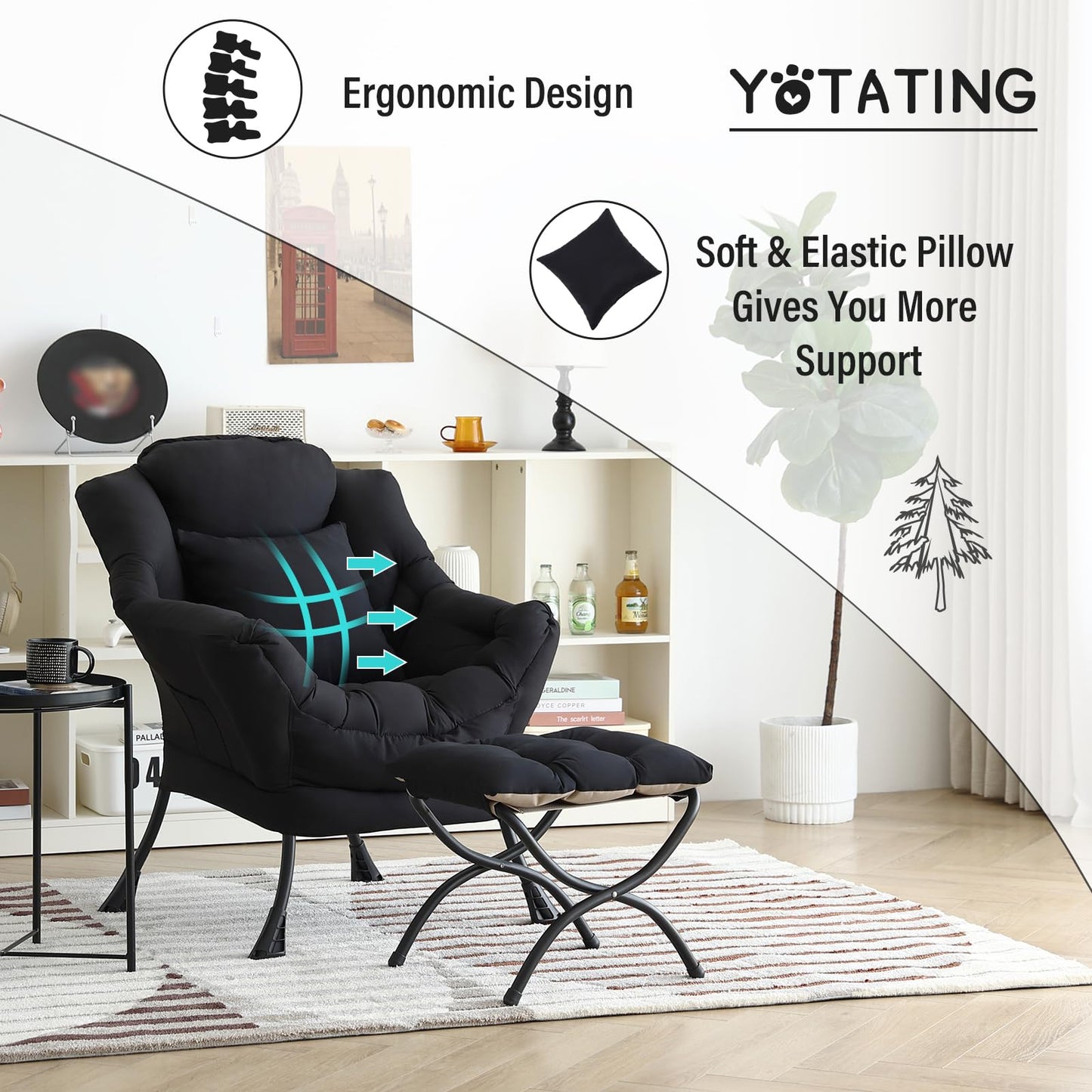 YOTATING Lazy Chair with Ottoman, Comfy Reading Chair with Footstool & Pillow Modern Lounge Chair with Armrests & Side Pocket for Living Room, Bedroom, Dorm Room，Black
