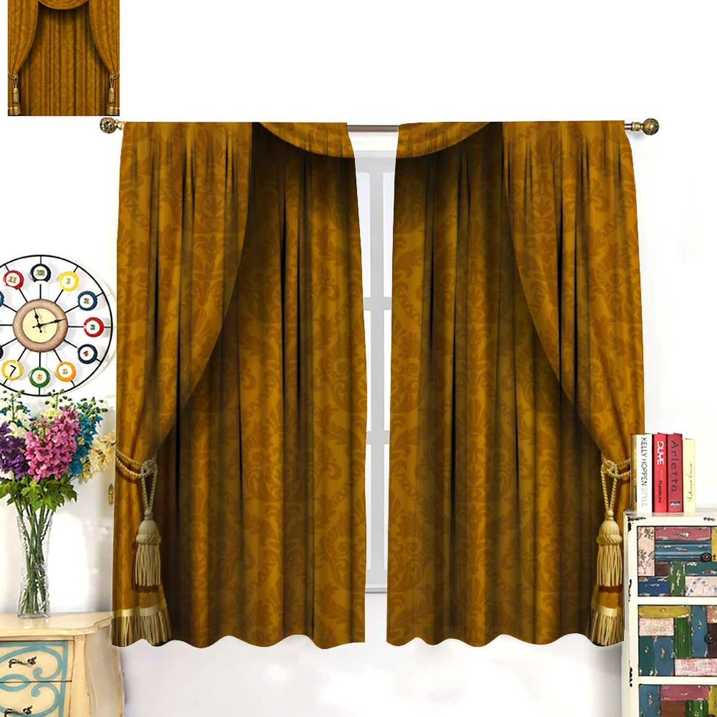 Nitmbi Victorian Curtains，Grand Opening Showroom Cinema Theater Background Print Retro Pattern Drapes Window 2 Panel Rod Pocket Curtain for Bedroom Living Room Decor 20.5" W X 45" L No Blackout