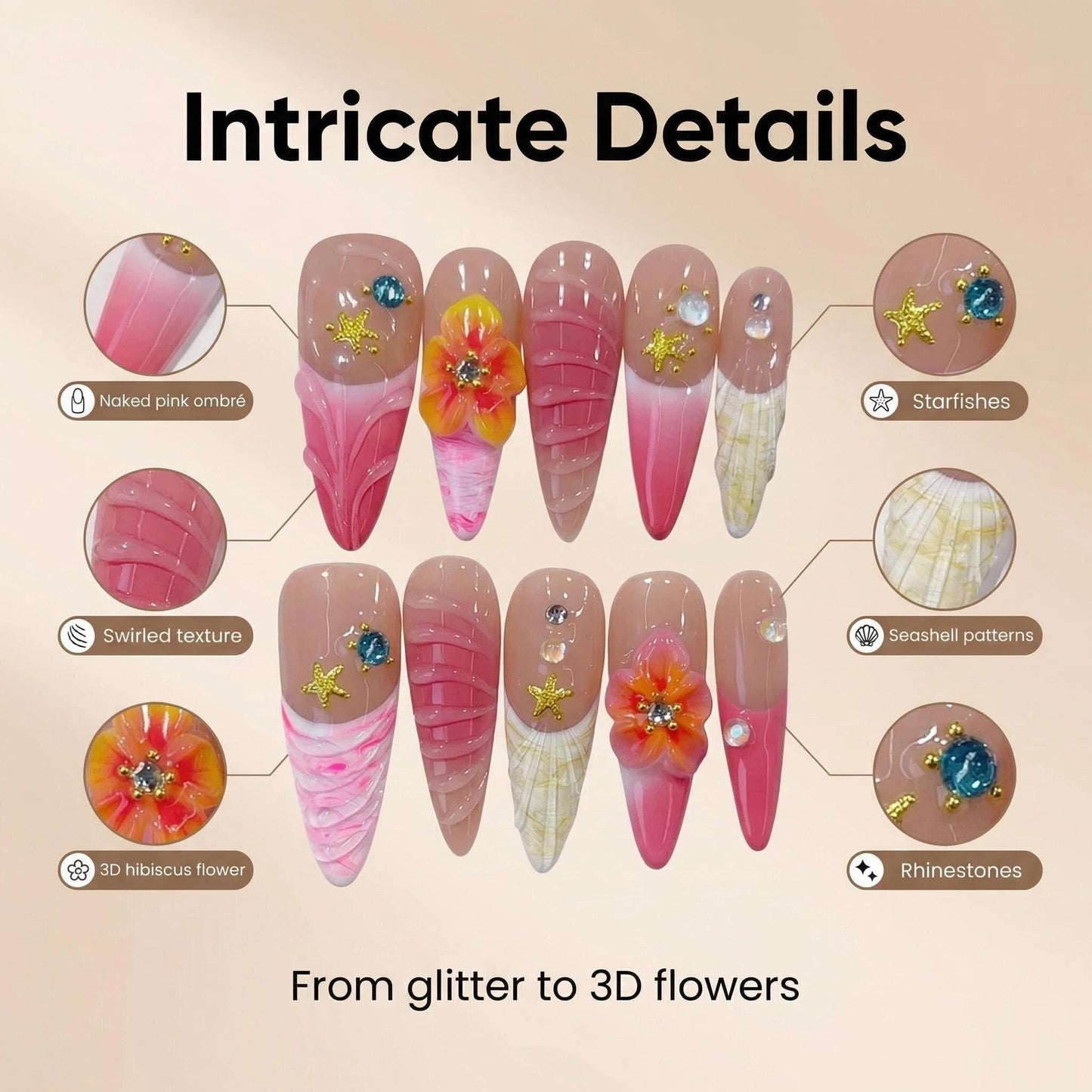 Handmade Press on Nails Pink French Tip Fake Nails Long Stiletto False Nails with 3D Flower Beach Designs Sparkly Rhinestones Charm luxury Artificial Nails for Women (Size M）10pcs