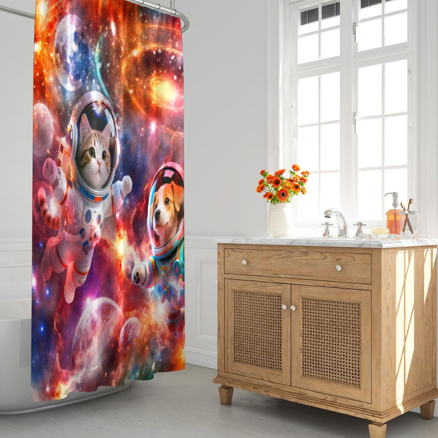 Lokigo Funny Cat Dog Shower Curtain, Cool Anime Cat and Dog Space Astronaut Universe Galaxy Shower Curtains for Bathroom Decor, Waterproof Polyester Modern ShowerCurtain with Hooks 72"x72"