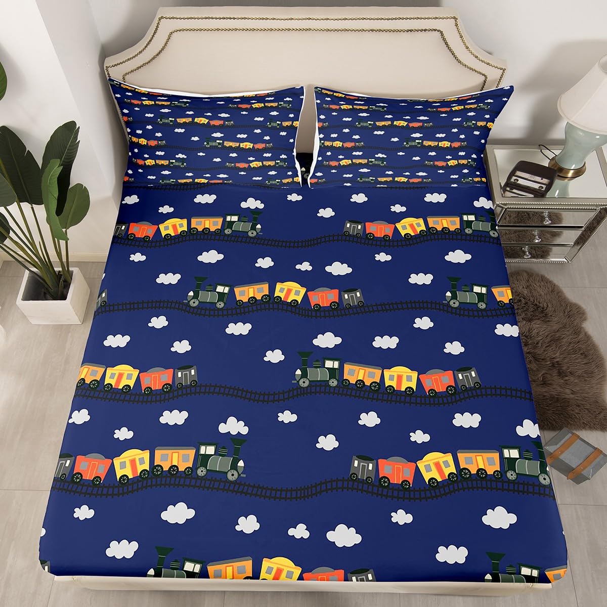 Erosebridal Cartoon Train Sheets Navy Locomotive Train Sheet Set Queen,Smoking Steam Engine Bed Sheets Set for Kids Toddler Cute Clouds Transportation Cars Top Fitted Sheet 4 Pieces