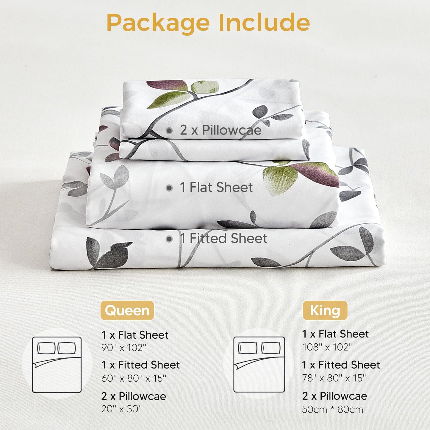 Tokokimo Floral Sheets Set King Size, 16 inches Deep Pocket Fitted Sheet, Flat Sheet & Envelope Closure Pillowcases, Soft Breathable Microfiber Sheet Set 4-Piece, White Leaf Floral