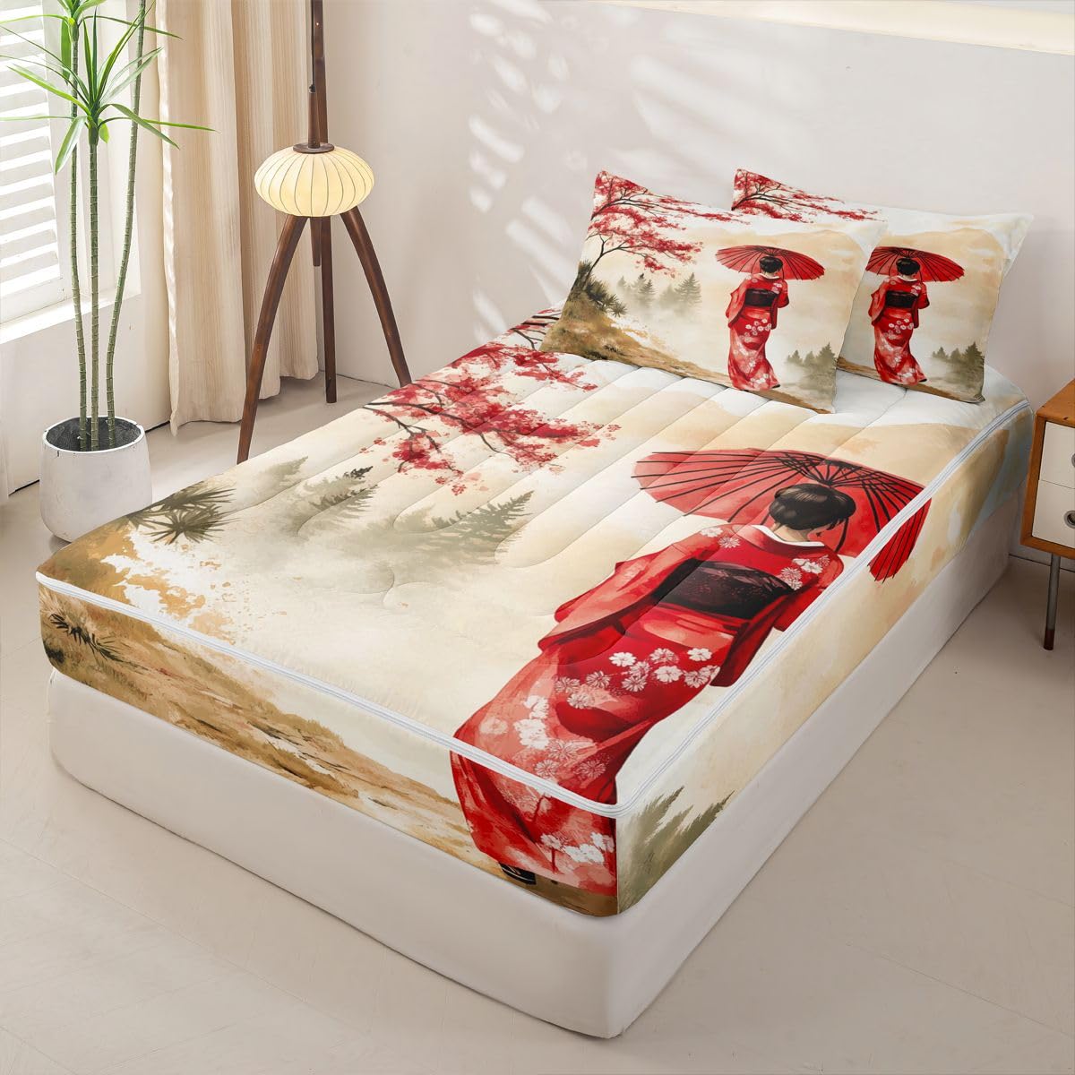 Erosebridal Geisha Zip Up Bedding Comforter Sets Twin Size, Japanese Geisha with Umbrella Comforter in One Zipper - Red Cherry Blossoms Bedding Set with Pillowcases