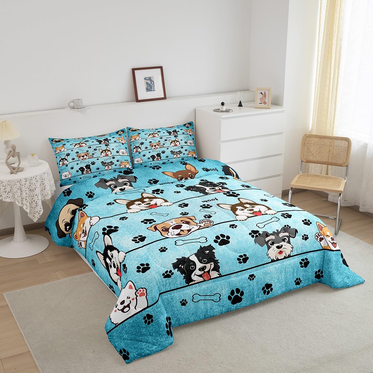Manfei Cute Dog Comforter Set for Kids Room Decor Cartoon Puppy Pet Animals Bedding Comforter Twin Size Black Paw Print Blue Soft Polyester Quilt Set with 1 Pillowcase