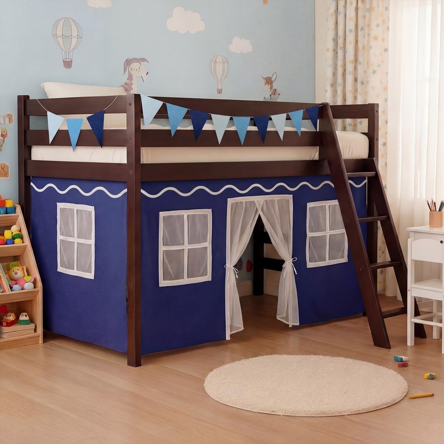 Breling 3 Panel Bunk Bed Curtains for Bottom Loft Bed Tent Set with Felt Flag Double-Layer Twin Bunk Curtains Playhouse Accessories for Boy Girl Bedroom(Blue and White,Classic)