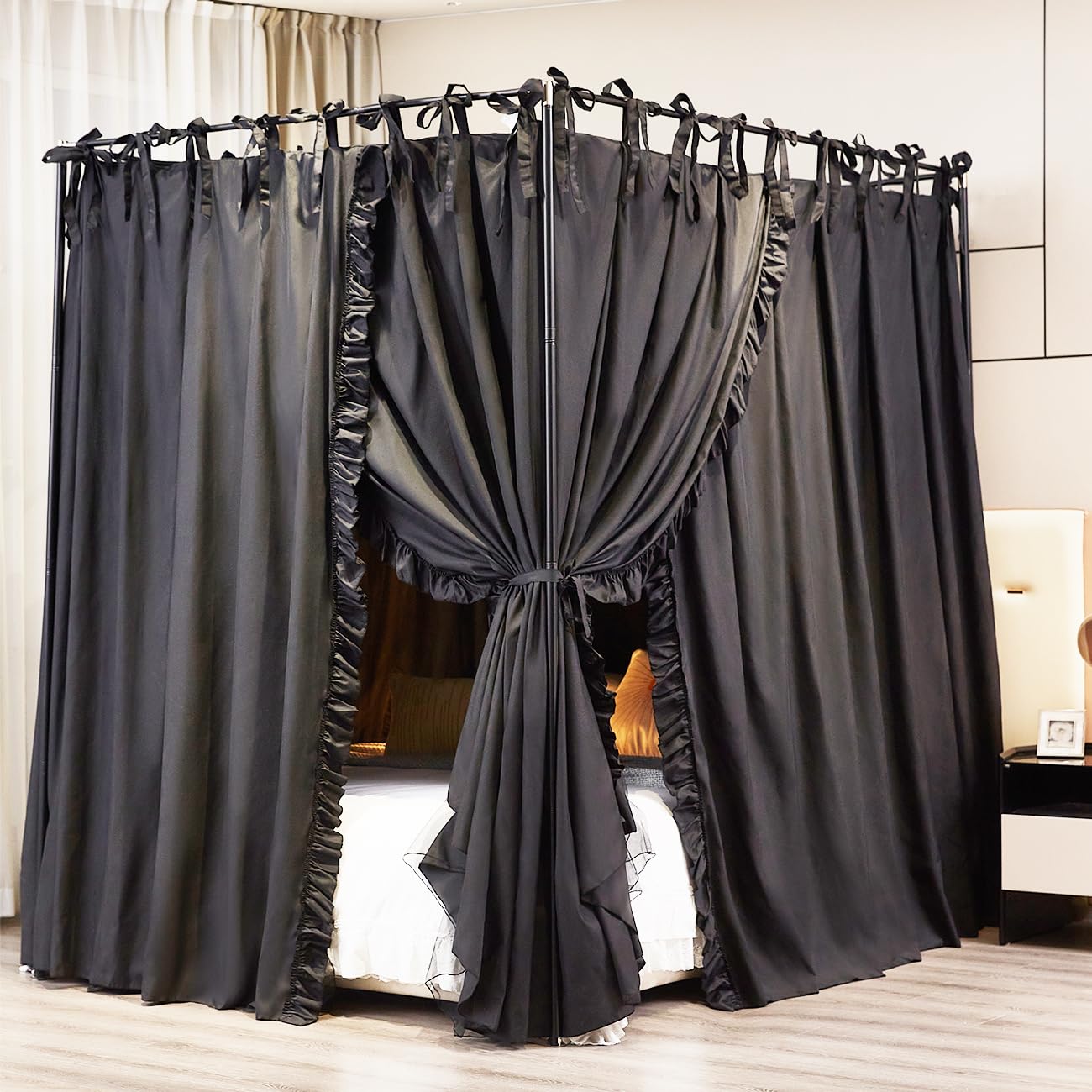 Akiky 4 Corners Post Canopy Bed Curtains Double Layer Cozy Drape Netting 4 Opening Mosquito Net Mesh for Girls Bedroom Decoration(Black,King)