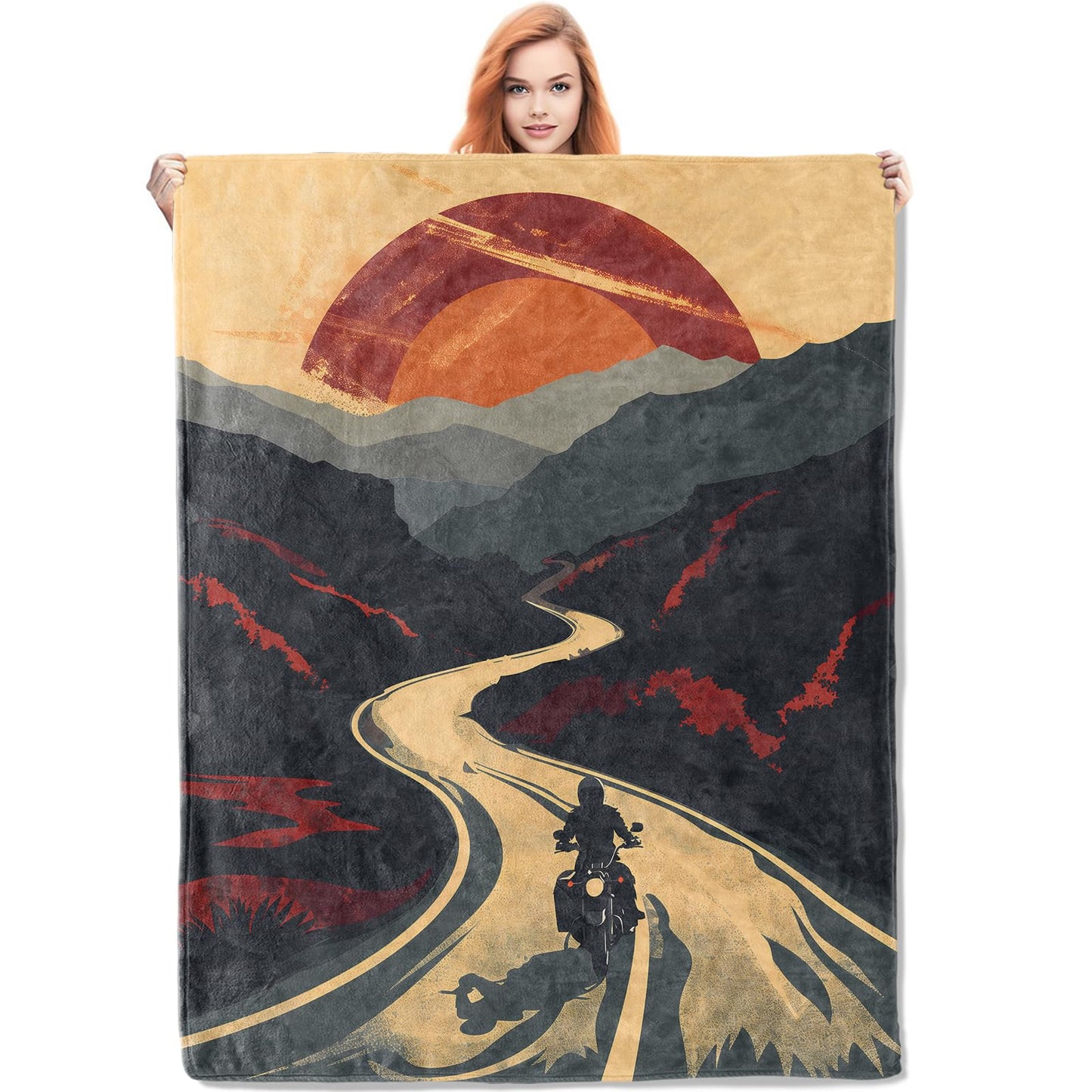VANZEV Sunset Motorcycle Journey Blanket Gifts for Women, Adventure Road Trip Theme Flannel Blanket, Soft Warm Lightweight Throw Blankets for Bedding Sofa Couch Home Travel Decor 50" x 60"