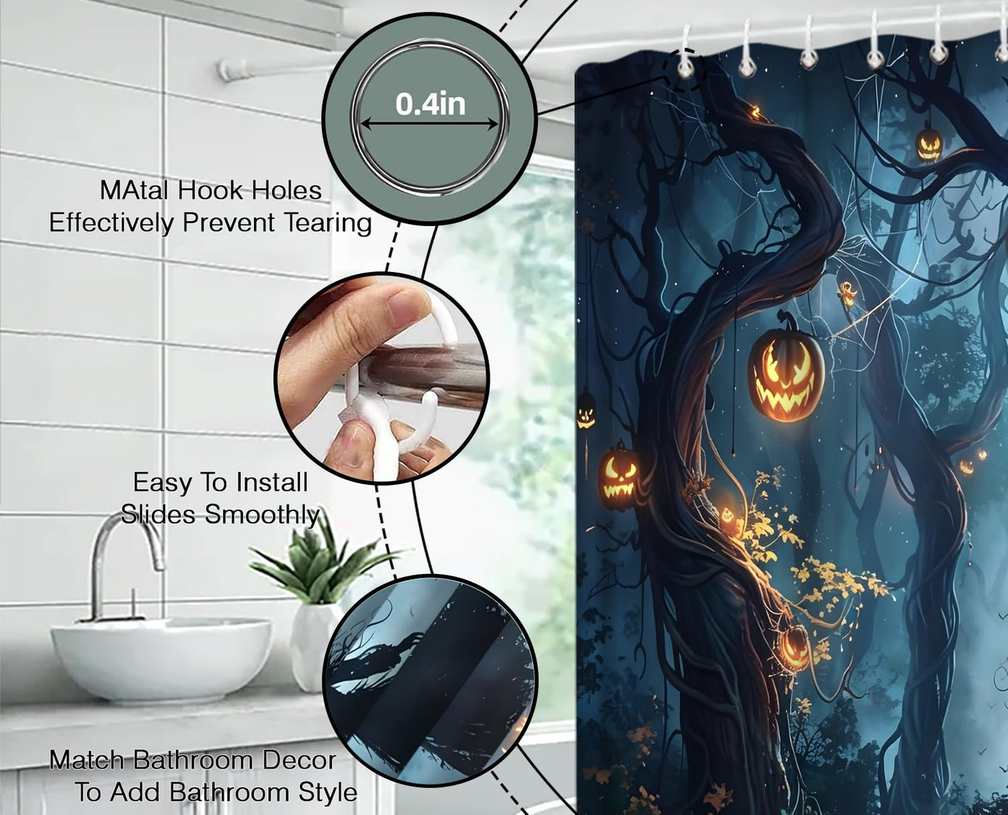 DSMEUE Halloween Witch Shower Curtain,Spooky Haunted Forest with Pumpkin Decor for Bathroom,Dark Gothic Blue Orange Fabric Curtain with Hooks,70x70 Inch
