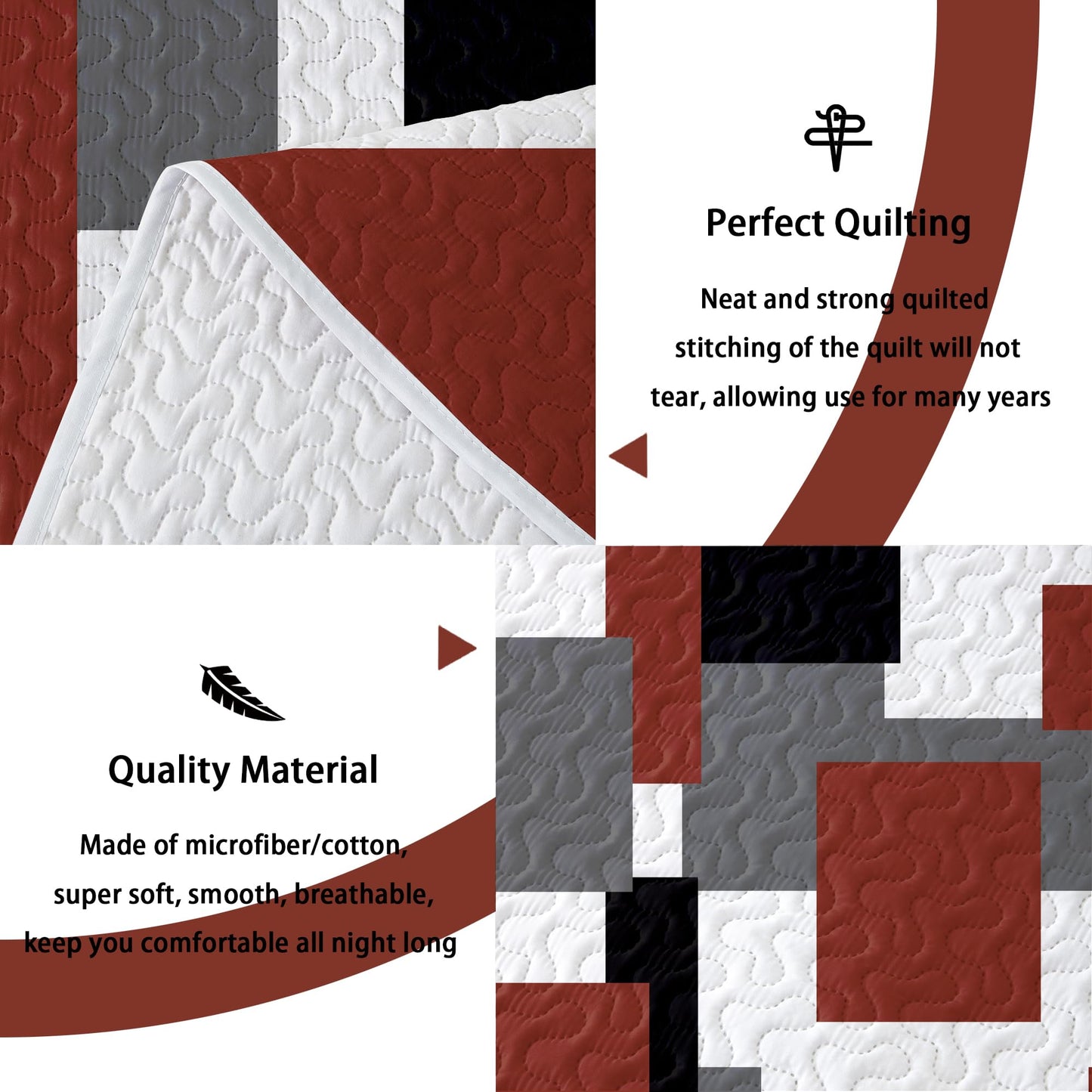 Tyrot 3 Piece Burnt Orange Grey Quilt Set King Size Black White Gray Geometric Reversible Bedding Set Microfiber Lightweight Bedspread Coverlet with 2 Shams Bed Covers for All Season, 106''x96''
