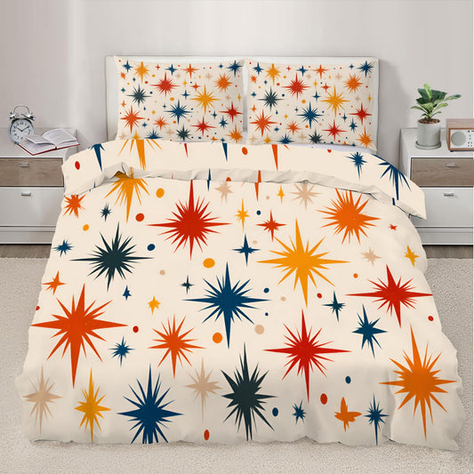 Retro Atomic Duvet Cover Queen Size, Vintage 50s Mid Century Bedding Set 3 Piece Bedroom Decor Abstract Star Patterned Comforter Cover with Zipper Ties & 2 Pillowcases