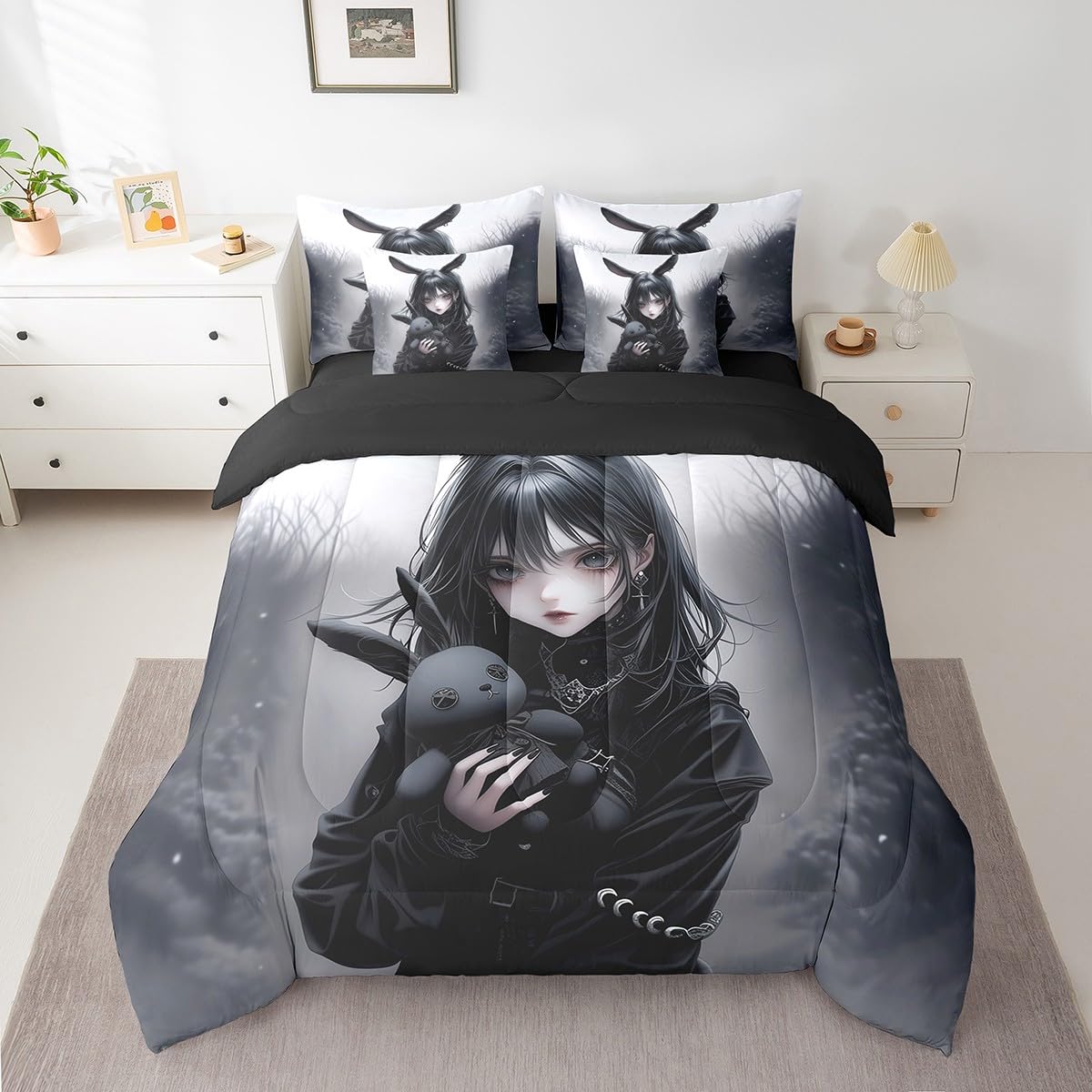 Anime Comforter Set 7 Pieces 3D Japanese Girl Bedding Set Twin,Anime Gifts Sheet Set for Girls,Gothic Cartoon Rabbit Print Sheet Set With Comforter Exotic Style Bed In A Bag for Room Decor,Black