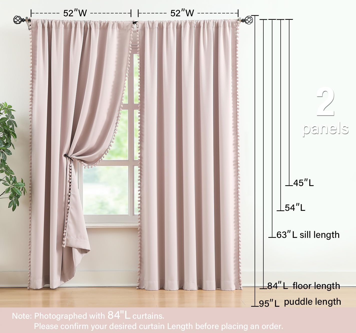 Treatmentex Pompom Blackout Curtains for Bedroom Pink Girls 84 inch Energy Efficient Thermal Insulated Living Room Darkening Curtain Panels for Kitchen Nursery Room 52" w x2 Panels Rod Pocket