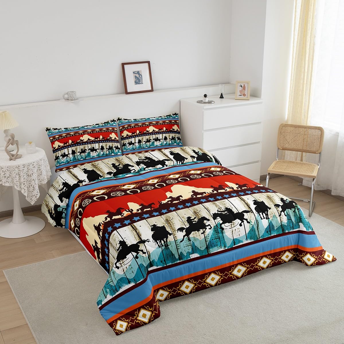 Feelyou Kids Twin Aztec Red Comforter Twin Size, Southwestern Cowboys Comforter Set for Boys Girls Horse Bedding Set Boho Tribal Duvet Set Microfiber Bed Set