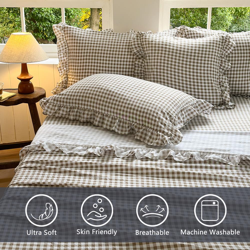 NSNLGSGC Tan Gingham Ruffle Queen Sheet Set, Taupe Soft Pre-Washed Microfiber Plaid Queen Bed Sheets, 4-Pieces Farmhouse Sheet Set with Deep Pocket