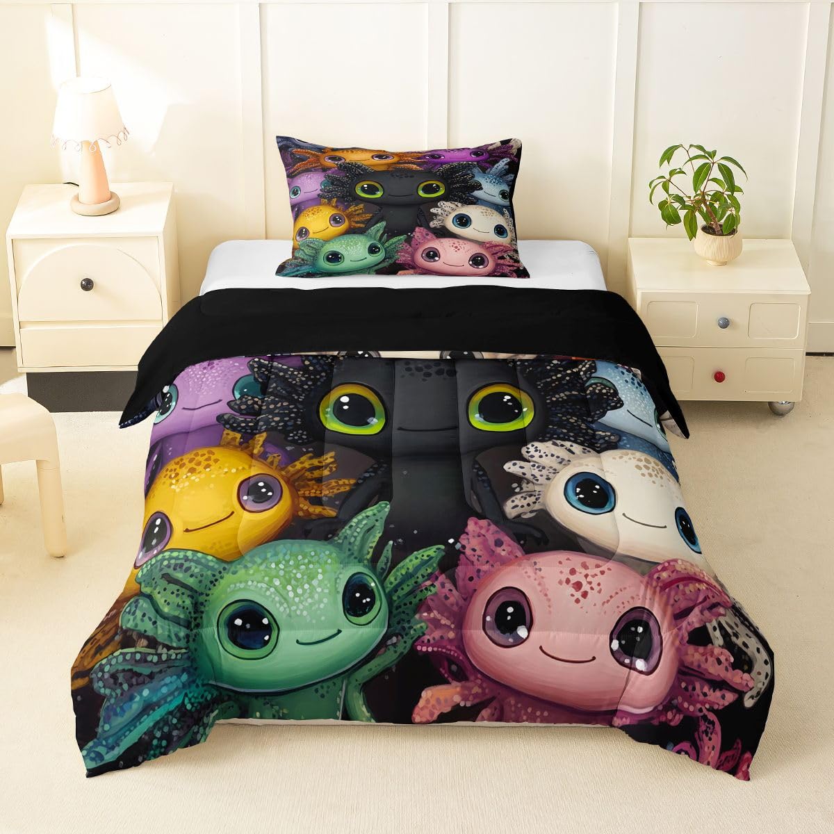 Manfei Kawaii Salamander Kids Comforter Toddler Size,Cute Axolotl Quilt Set for Kids Boys Girls Bedroom Decor,Cartoon Wildlife Kawaii Style Bedding Set,Black Duvet Insert,1 Pillowcase