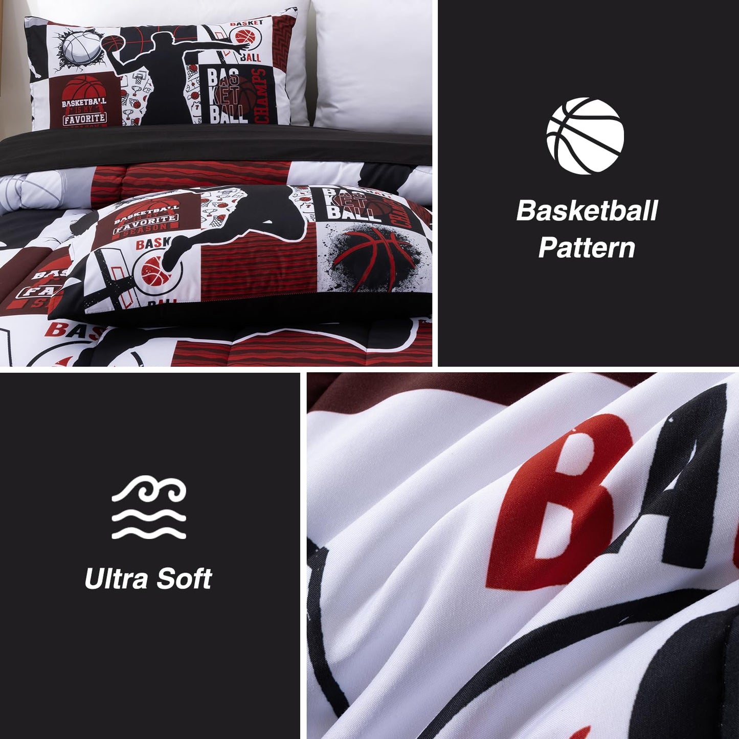 A Nice Night Sports Geometric Grid Baseketabll Patchwork Baskeball Printed for Boys Twin 6Pcs Bed in A Bag Comforter Bedding Set,Red