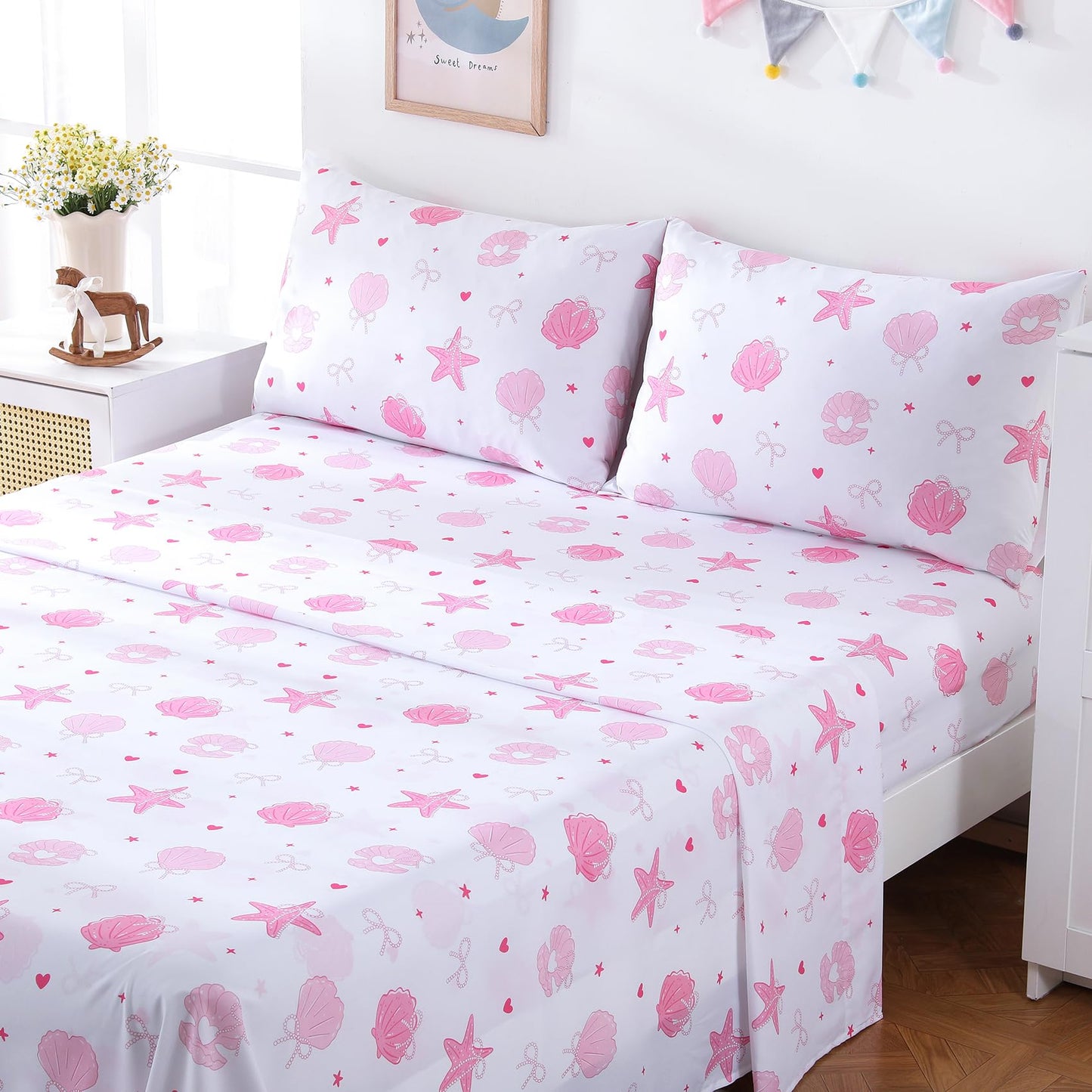 Yibeizi Pink Full Size Sheet Sets Kids Beach Bedding Coastal Bed Sheets for Girls Ocean Print Bedsheets Microfiber Deep Pocket Beachy Patterned Bed Sheet & Pillowcase Sets 4 Pieces