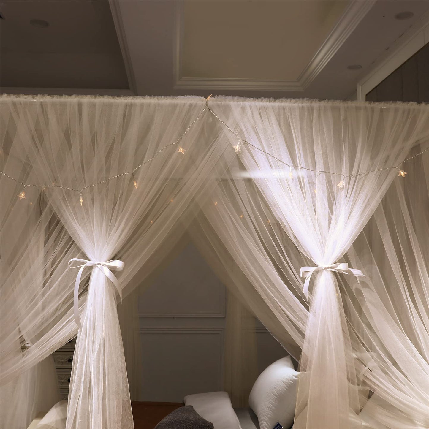 VETHIN 4 Corners Post Princess Bed Canopy Curtain Double Layer Cozy Drape Netting 4 Opening Mosquito Net for Girls & Adults Bedroom Decoration Accessories (Double White, 47" W*78" L*82"*H/Twin)