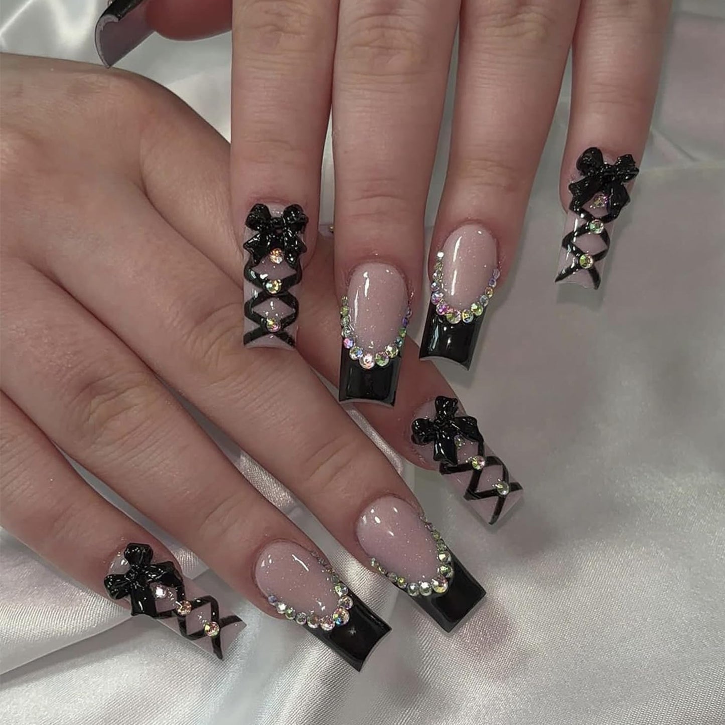 Black French Tip Press on Nails Medium Long Rhinestone Bow Diamond French Nails Square Bling Glossy 3D Bow False Nail Tips Artificial Nails Finger Manicure for Women and Girls 24pcs