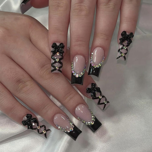 Black French Tip Press on Nails Medium Long Rhinestone Bow Diamond French Nails Square Bling Glossy 3D Bow False Nail Tips Artificial Nails Finger Manicure for Women and Girls 24pcs