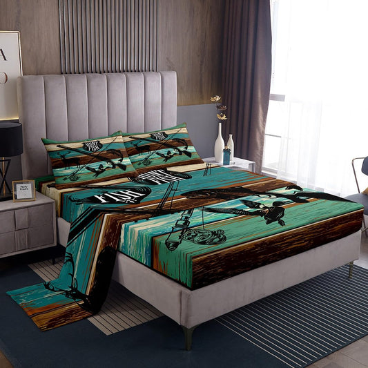 Kids Wild Animal Hunting Fitted Sheet Set Full Size 4pcs,Hunt Fish Themed Retro Bedding Sets(1 Fitted, 1 Flat, 2 Pillowcases) Farmhouse Rustic Wooden Board Luxury Deep Pocket Bed Sheets, Modern