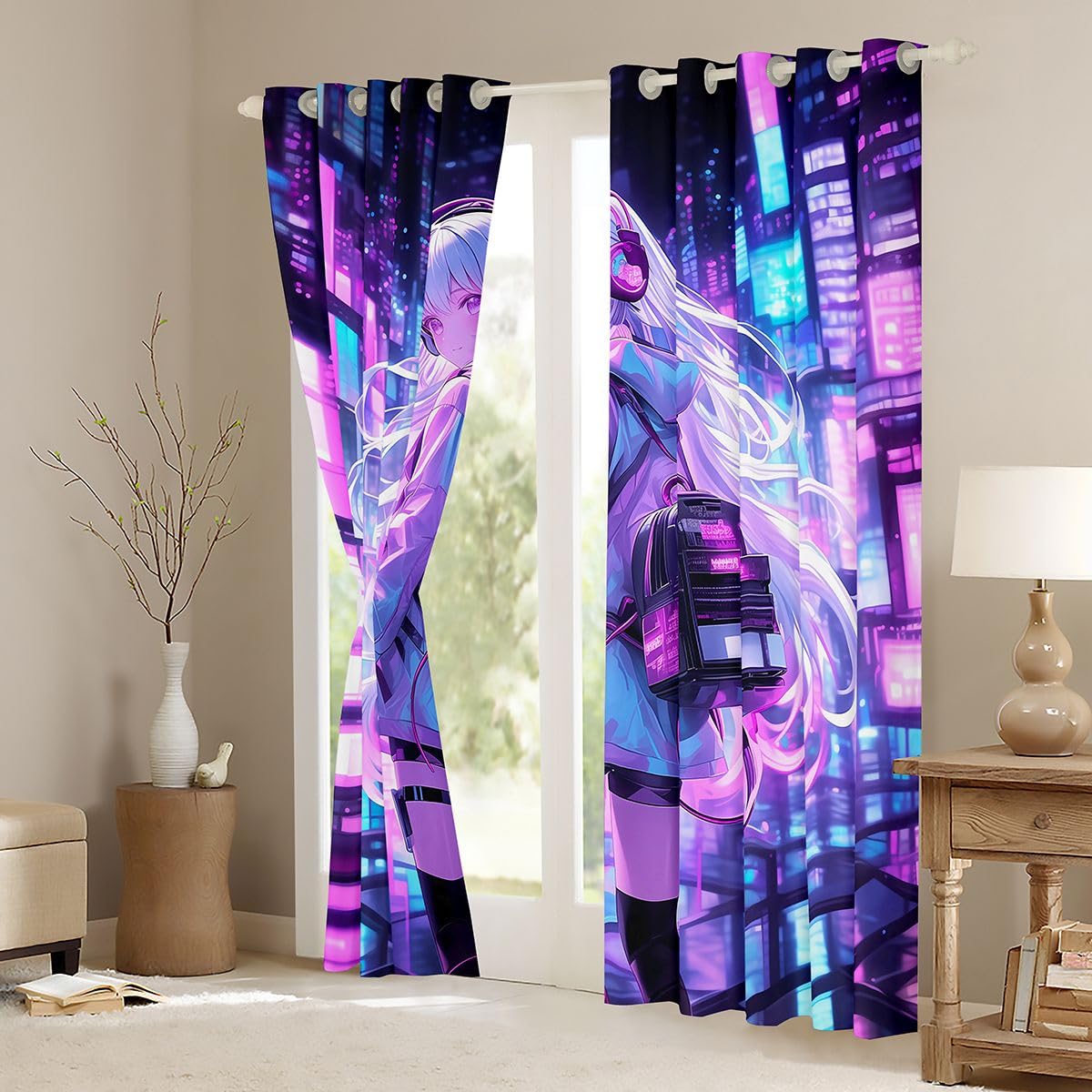 Erosebridal Japanese Girl Window Treatments Girly Anime 42" Wx63 L Window Curtain for Kids,Sci Fi Style Gaming Curtain Room Decor,3D Cartoon Anime Girl Curtains & Drapes