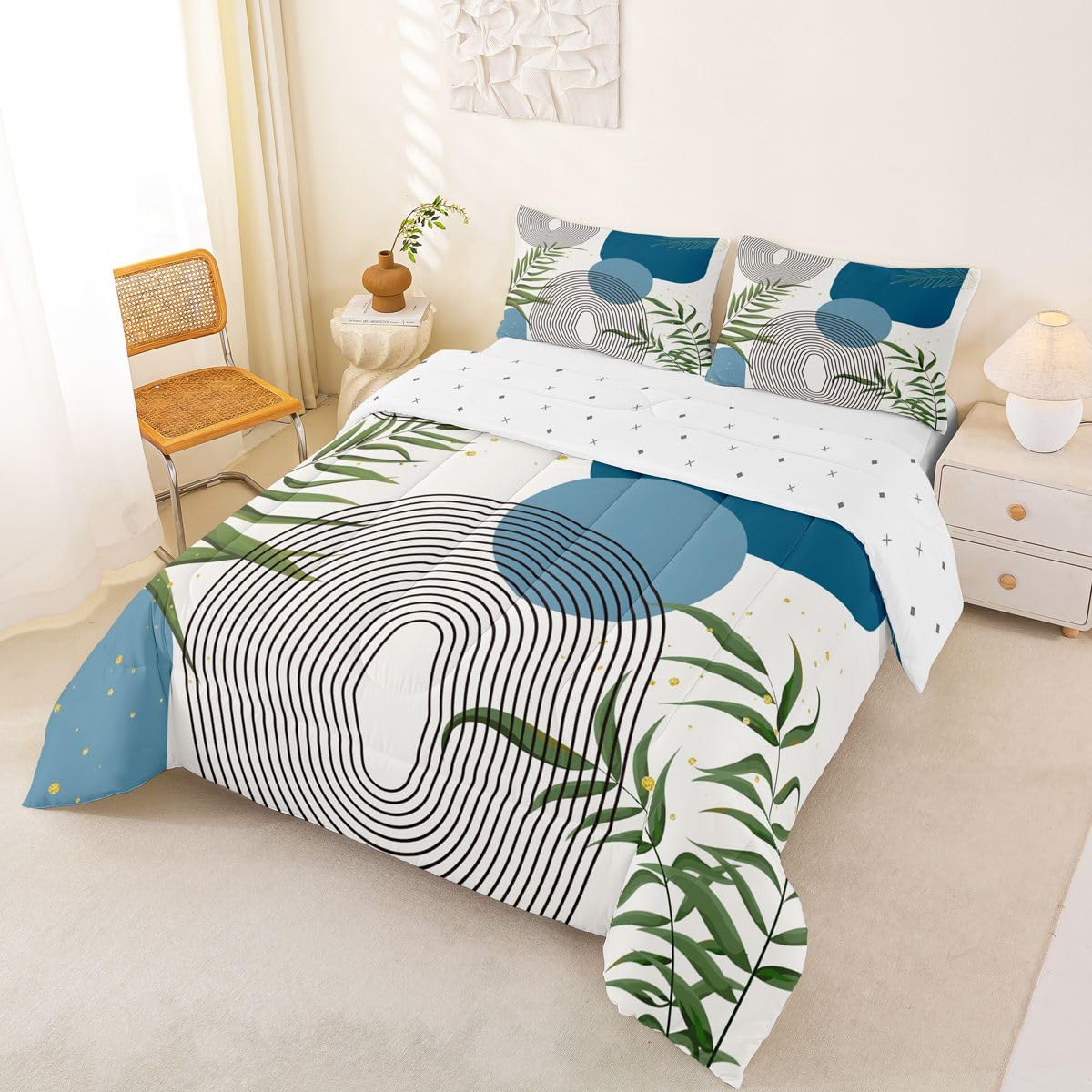 Erosebridal Boho Mid Century Twin Comforter Set, Green Sage Bedding Set for Kids Teens Men Women Bedroom, Modern Bohemian Minimalist Comforter, Contemporary Abstract Geometric Aesthetic Quilt